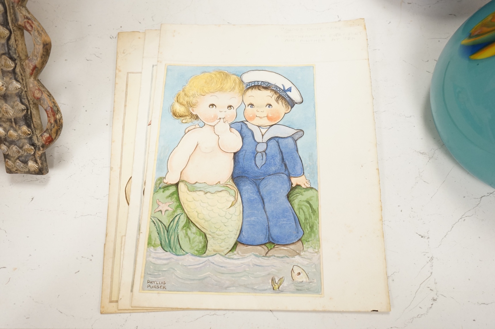 Phyllis Purser (1893-1990), a set of four original watercolours for children's postcard designs, WWII interest to include Kiss me Sergeant?’ And ‘Sailors Don’t Care’, each signed, unframed, 32 x 25cm